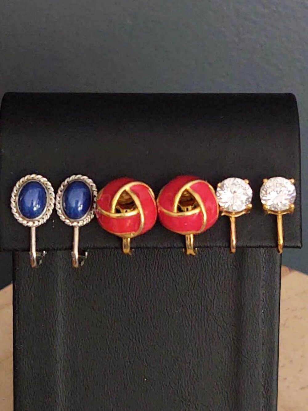 Clip on earring bundle-red/gold, blue/silver, gold/faux diamond